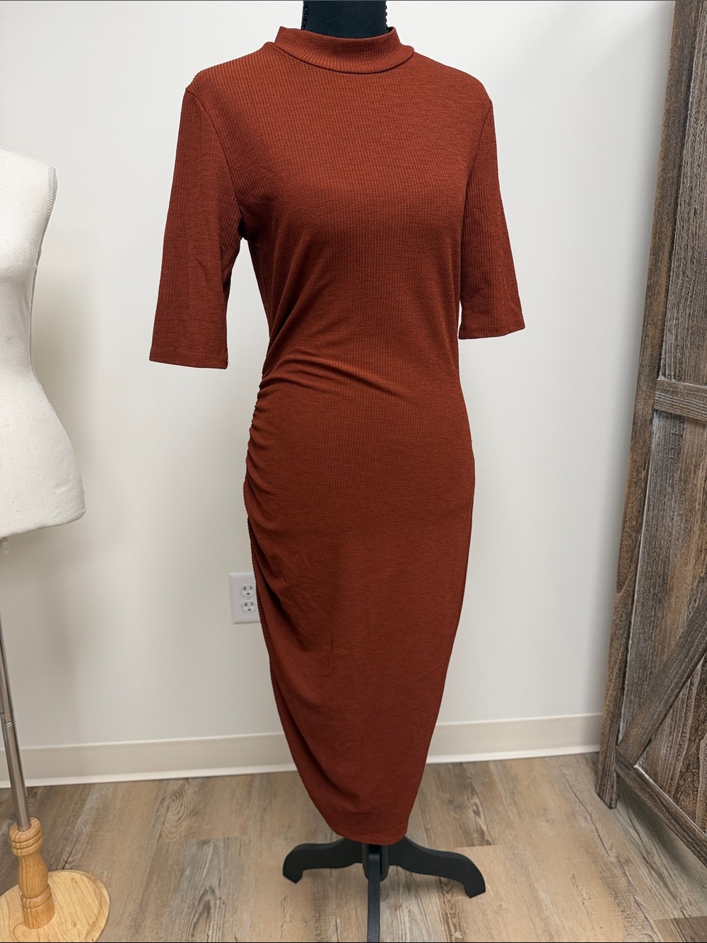 Zara Ribbed Mock Neck Midi Dress in Rust